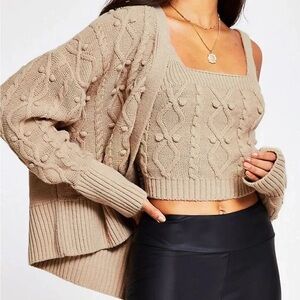 River Island Cable Knit Cardigan Set - Beige